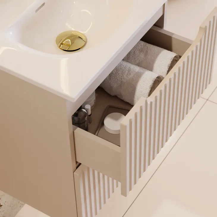 Mobile bagno sospeso 80cm cannettato con lavabo 2 cassetti beige Cleany
