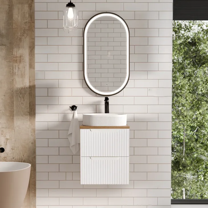 Mobile bagno sospeso 50cm cannettato 2 cassetti bianco rovere Cleany