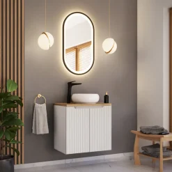 Mobile bagno sospeso 60cm cannettato 2 ante bianco rovere Cleany