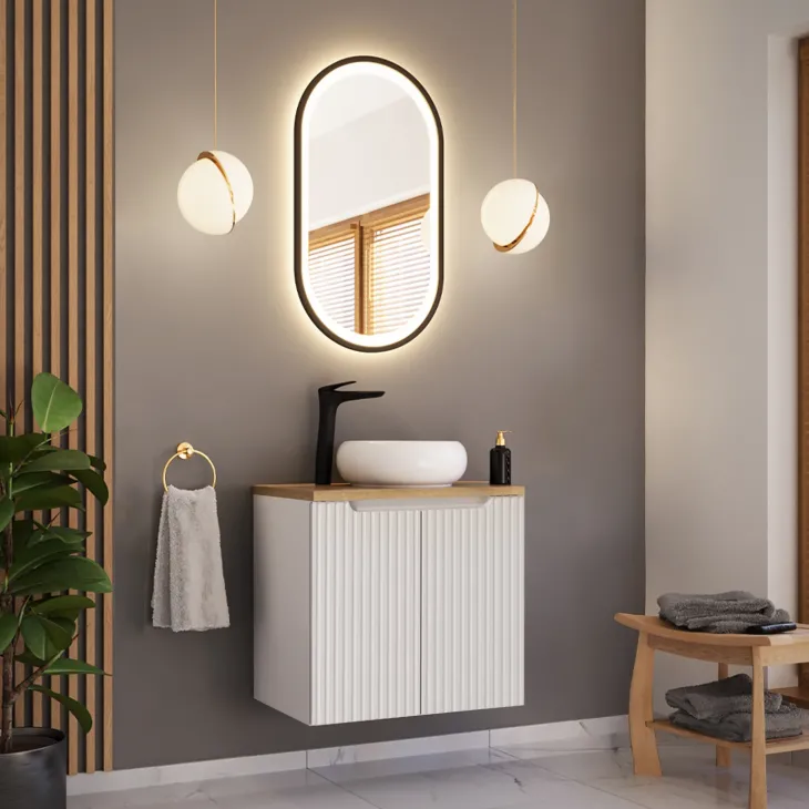 Mobile bagno sospeso 60cm cannettato 2 ante bianco rovere Cleany