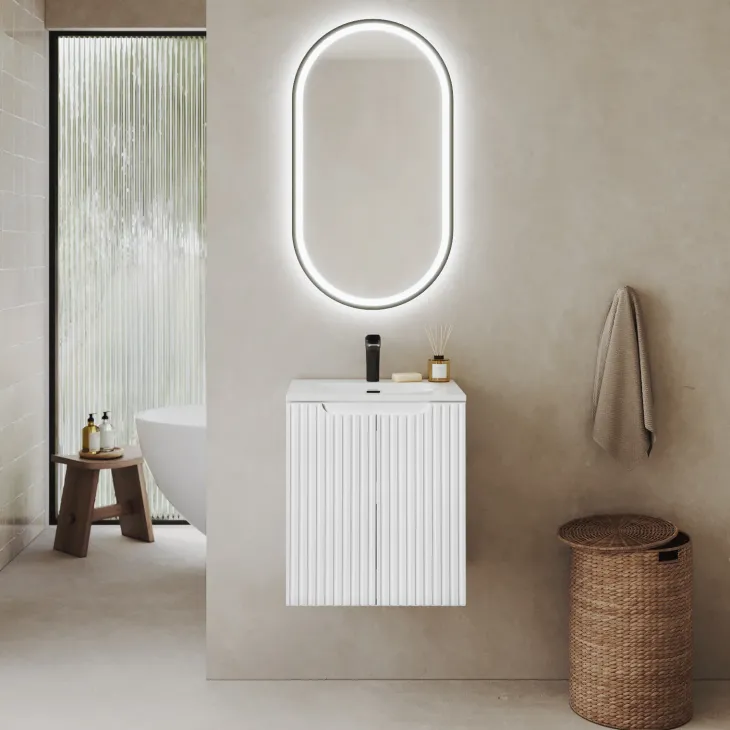 Mobile bagno sospeso 50cm cannettato con lavabo 2 ante bianco Cleany