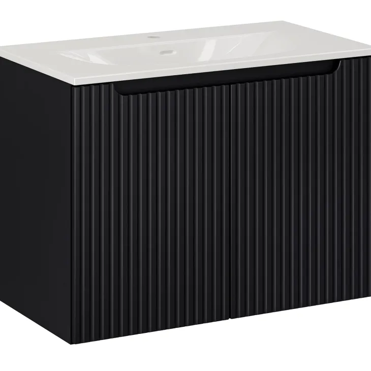 Mobile bagno sospeso 80cm cannettato con lavabo 2 ante nero Cleany
