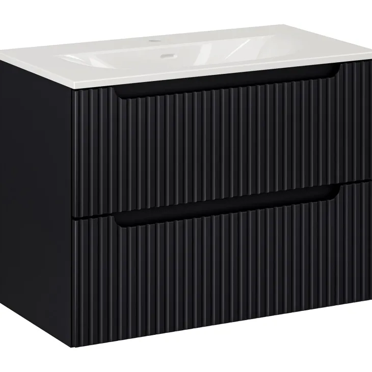 Mobile bagno sospeso 80cm cannettato con lavabo 2 cassetti nero Cleany