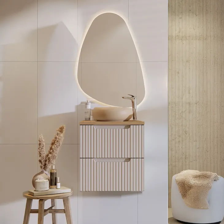 Mobile bagno sospeso 50cm cannettato 2 cassetti beige rovere Cleany