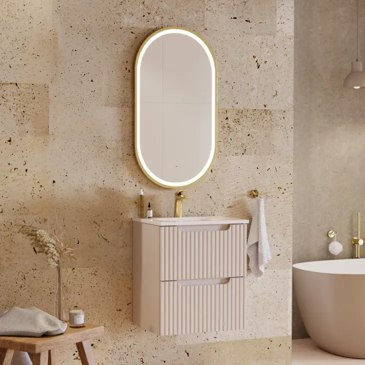 Mobile bagno sospeso 50cm cannettato con lavabo 2 cassetti beige Cleany