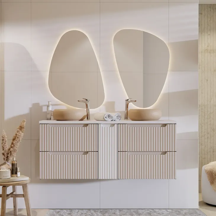 Mobile bagno sospeso 140cm cannettato 4 cassetti beige bianco Cleany
