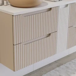 Mobile bagno sospeso 140cm cannettato 4 cassetti beige bianco Cleany