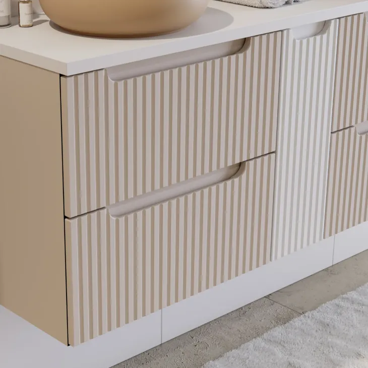 Mobile bagno sospeso 140cm cannettato 4 cassetti beige bianco Cleany