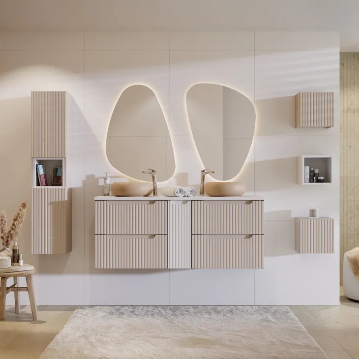 Mobile bagno sospeso 140cm cannettato 4 cassetti beige bianco Cleany
