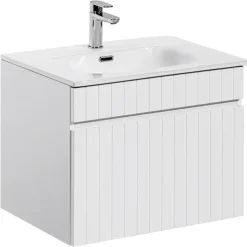 Mobile bagno sospeso 60cm cannettato con lavabo da incasso, colonna e specchio bianco Autentic
