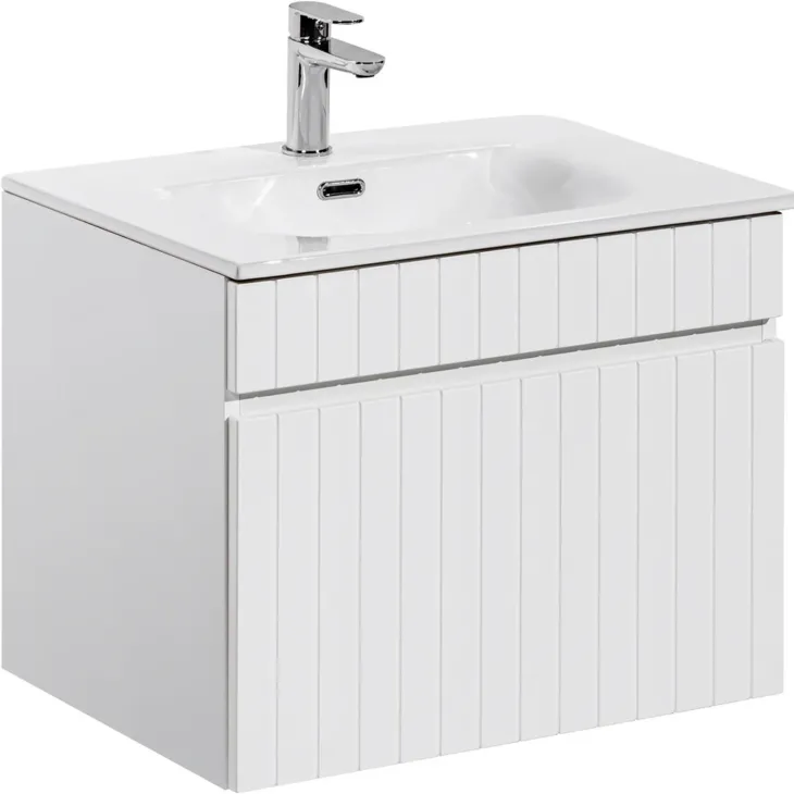 Mobile bagno sospeso 60cm cannettato con lavabo da incasso, colonna e specchio bianco Autentic