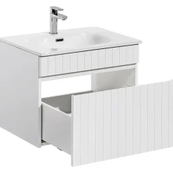 Mobile bagno sospeso 60cm cannettato con lavabo da incasso, colonna e specchio bianco Autentic