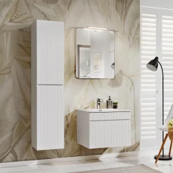Mobile bagno sospeso 60cm cannettato con lavabo da incasso, colonna e specchio bianco Autentic