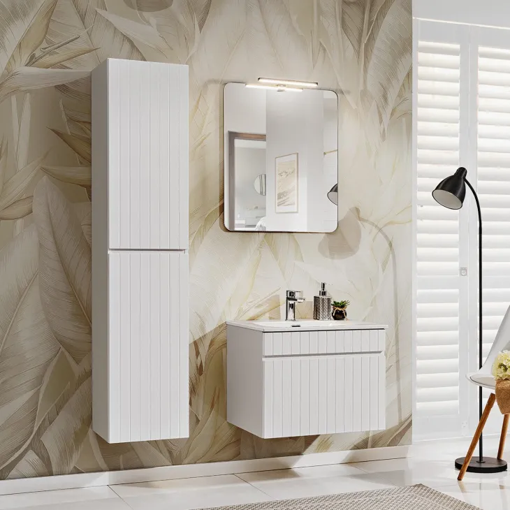 Mobile bagno sospeso 60cm cannettato con lavabo da incasso, colonna e specchio bianco Autentic
