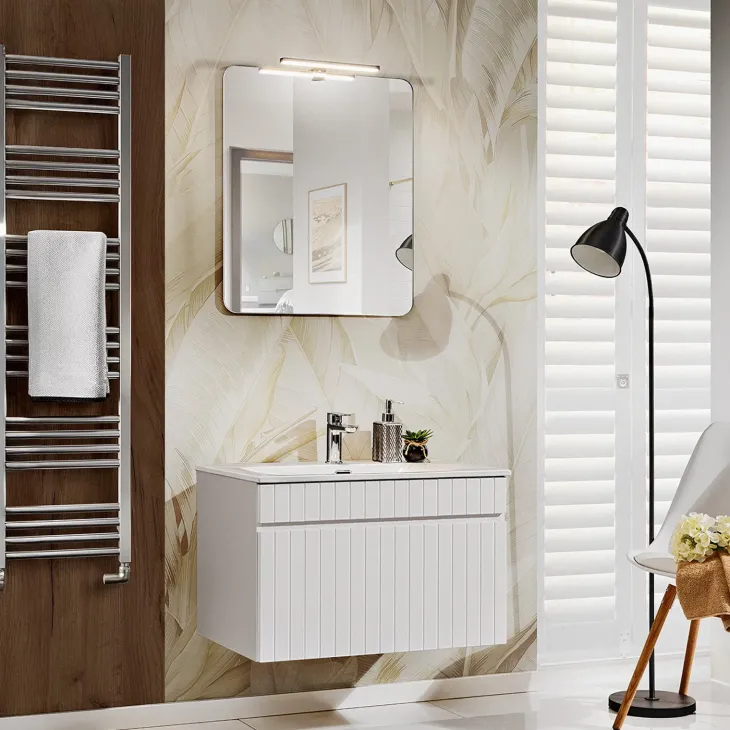Mobile bagno sospeso 80cm cannettato con lavabo 1 cassettone bianco Autentic