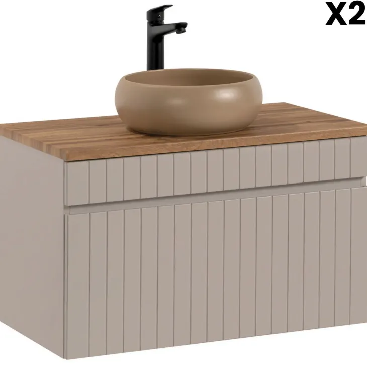 Mobile bagno sospeso 160cm cannettato con 2 lavabi, colonna e specchio beige Autentic