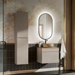Mobile bagno sospeso 60cm cannettato con lavabo, colonna e specchio beige Autentic