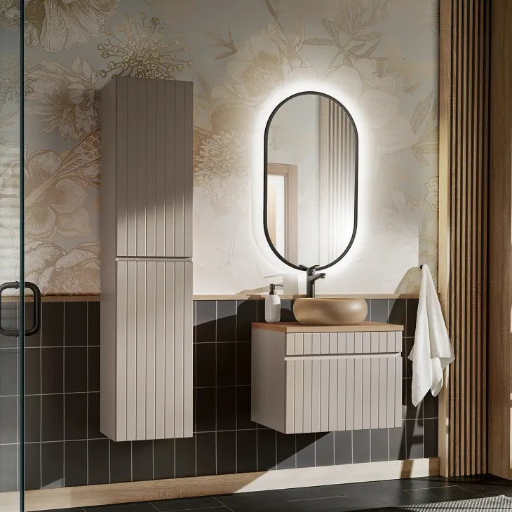 Mobile bagno sospeso 60cm cannettato con lavabo, colonna e specchio beige Autentic