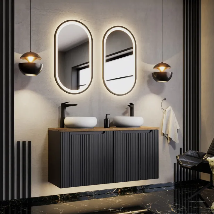 Mobile bagno sospeso 120cm cannettato 4 ante nero rovere Cleany