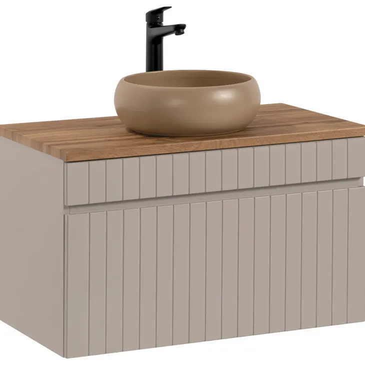 Mobile bagno sospeso 80cm cannettato con lavabo, colonna e specchio beige Autentic