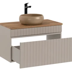Mobile bagno sospeso 80cm cannettato con lavabo, colonna e specchio beige Autentic