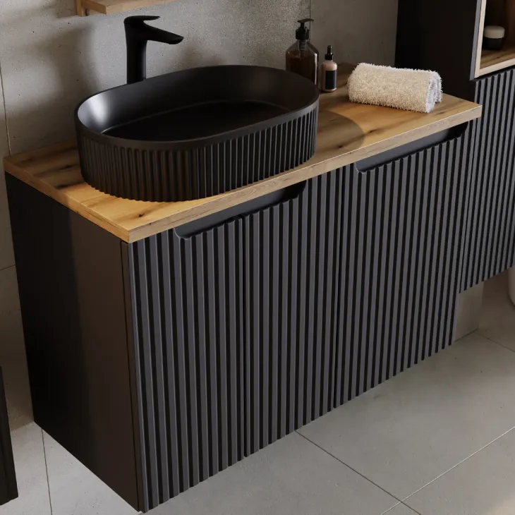 Mobile bagno sospeso 100cm cannettato con portabiancheria nero rovere Cleany