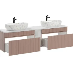 Mobile bagno sospeso 180cm cannettato con 2 lavabi, colonna e 2 specchi rosa Autentic