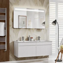 Mobile bagno sospeso 120cm cannettato con 2 lavabi 2 cassettoni bianco Autentic