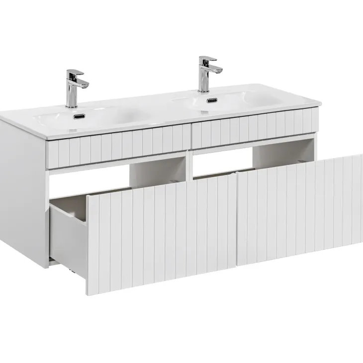 Mobile bagno sospeso 120cm cannettato con 2 lavabi 2 cassettoni bianco Autentic