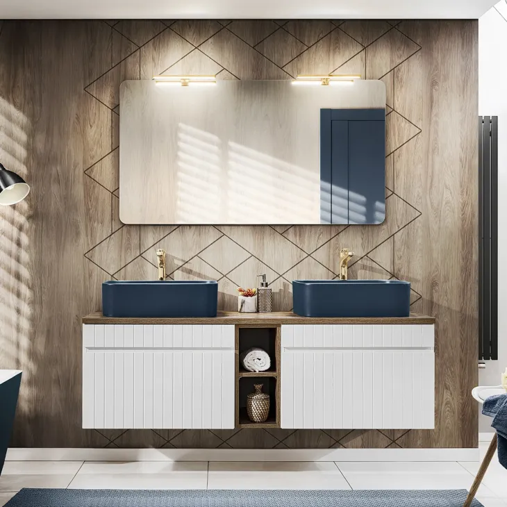 Mobile bagno sospeso 140cm cannettato 2 cassettoni bianco quercia Autentic
