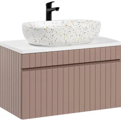 Mobile bagno sospeso 80cm cannettato con lavabo, colonna e specchio rosa Autentic