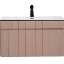 Mobile bagno sospeso 80cm cannettato con lavabo da incasso, colonna e specchio rosa Autentic