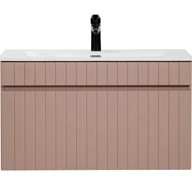 Mobile bagno sospeso 80cm cannettato con lavabo da incasso, colonna e specchio rosa Autentic