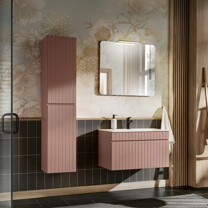 Mobile bagno sospeso 80cm cannettato con lavabo da incasso, colonna e specchio rosa Autentic