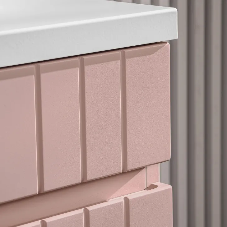 Mobile bagno sospeso 80cm cannettato con lavabo da incasso, colonna e specchio rosa Autentic