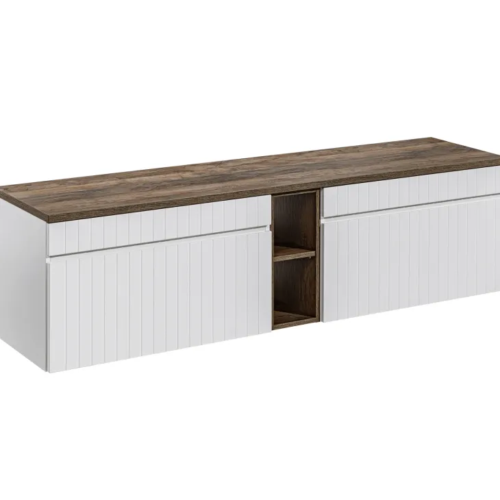 Mobile bagno sospeso 180cm cannettato 2 cassettoni bianco quercia Autentic