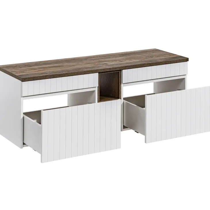 Mobile bagno sospeso 140cm cannettato con 2 lavabi, colonna e specchio bianco quercia Autentic
