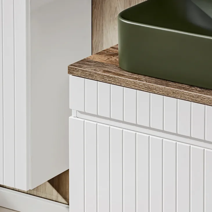 Mobile bagno sospeso 180cm cannettato con 2 lavabi, colonna e 2 specchi bianco quercia Autentic