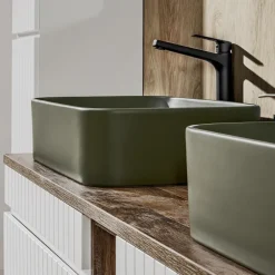 Mobile bagno sospeso 180cm cannettato con 2 lavabi, colonna e 2 specchi bianco quercia Autentic