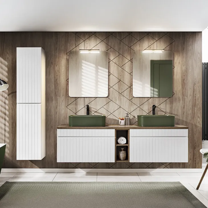 Mobile bagno sospeso 180cm cannettato con 2 lavabi, colonna e 2 specchi bianco quercia Autentic