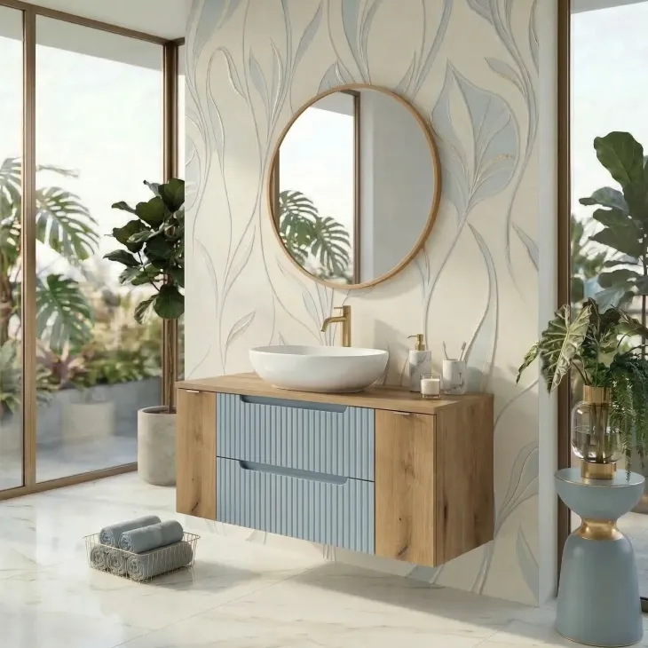 Mobile bagno sospeso 100cm cannettato 2 cassetti azzurro rovere Celestiale