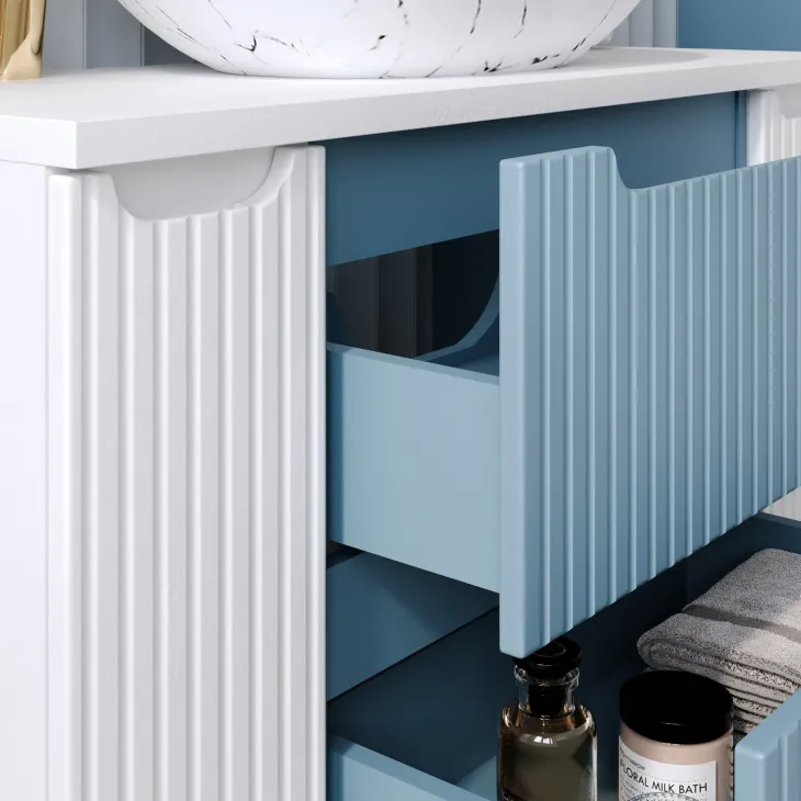 Mobile bagno sospeso 100cm cannettato 2 cassetti azzurro bianco Celestiale