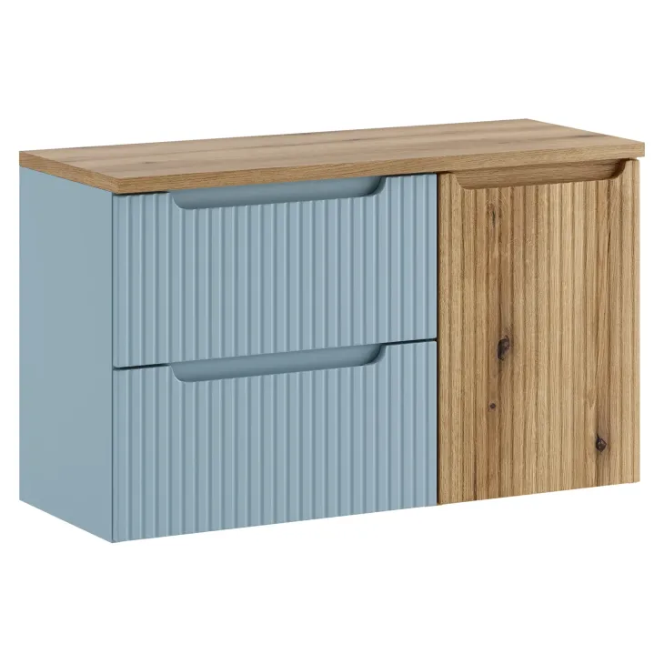 Mobile bagno sospeso 100cm cannettato con cesto portabiancheria azzurro rovere Celestiale
