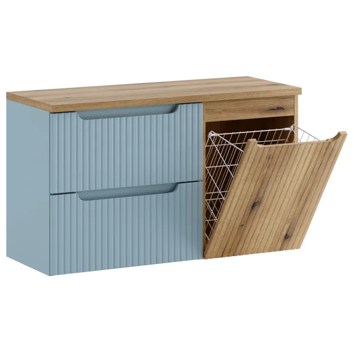 Mobile bagno sospeso 100cm cannettato con cesto portabiancheria azzurro rovere Celestiale