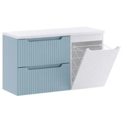 Mobile bagno sospeso 100cm cannettato con cesto portabiancheria azzurro bianco Celestiale
