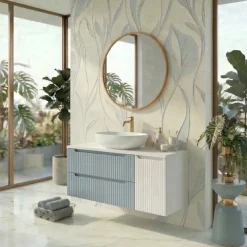 Mobile bagno sospeso 100cm cannettato con cesto portabiancheria azzurro bianco Celestiale