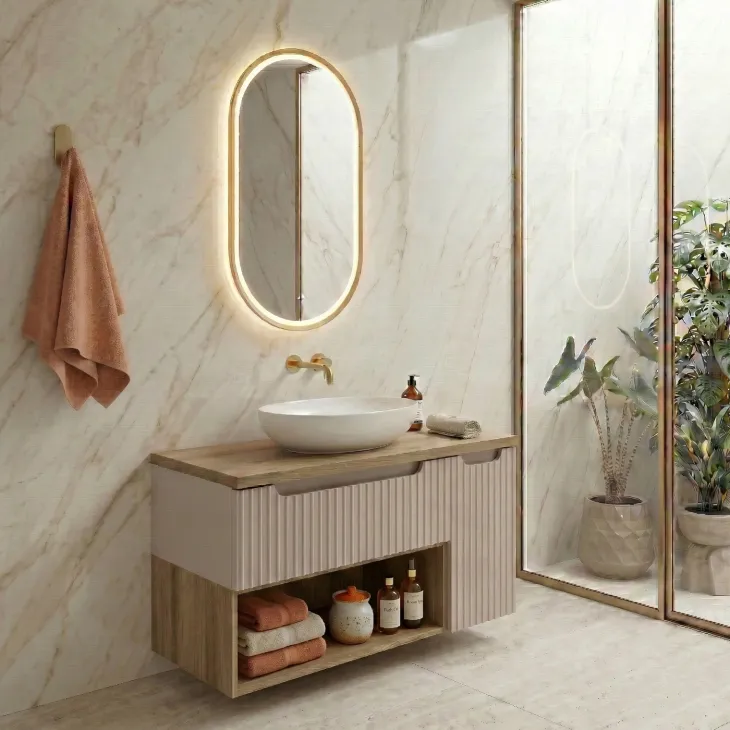 Mobile bagno sospeso 80cm cannettato con cassetto anta e vano beige rovere Cleany