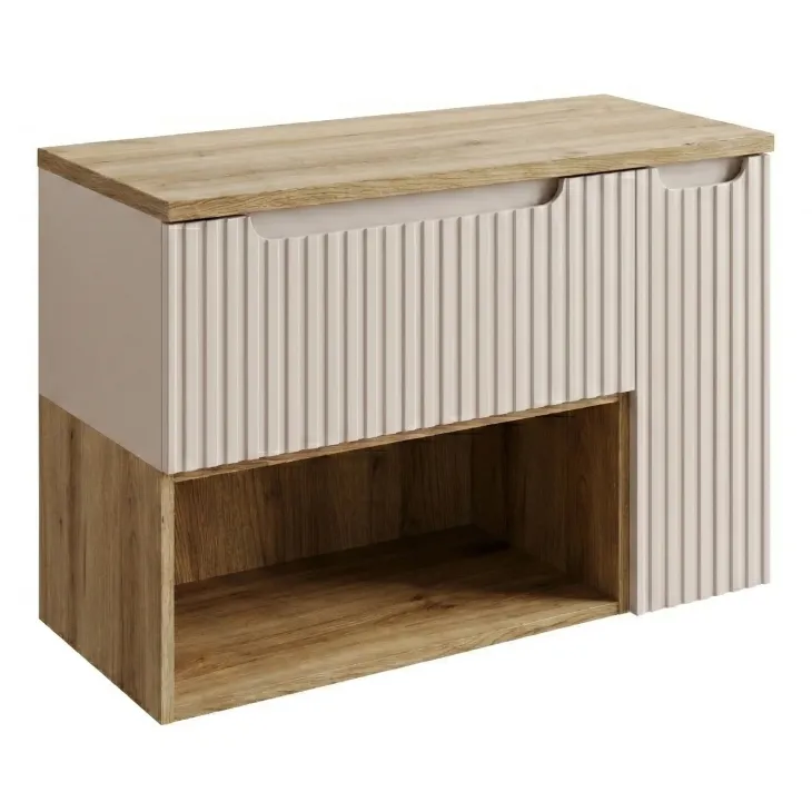 Mobile bagno sospeso 80cm cannettato con cassetto anta e vano beige rovere Cleany