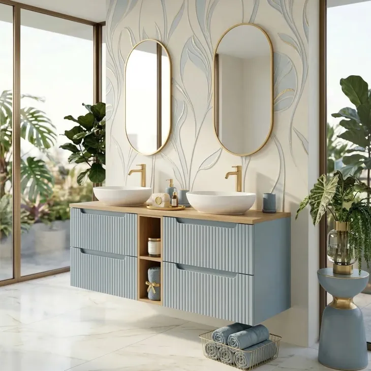 Mobile bagno sospeso 140cm cannettato con vani azzurro rovere Celestiale