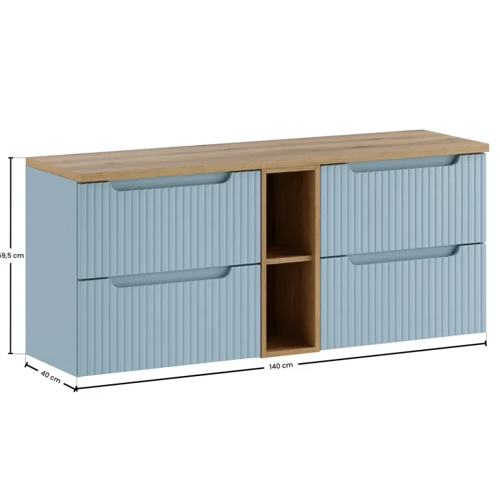 Mobile bagno sospeso 140cm cannettato con vani azzurro rovere Celestiale